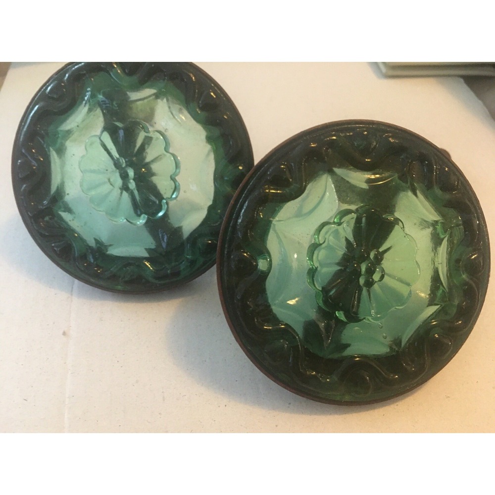 2 VINTAGE ARCHITECTURAL wrought iron green floral GLASS MEDALLION nobs 3.5"